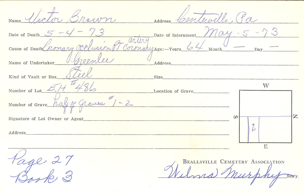 Victor C. Brown burial card